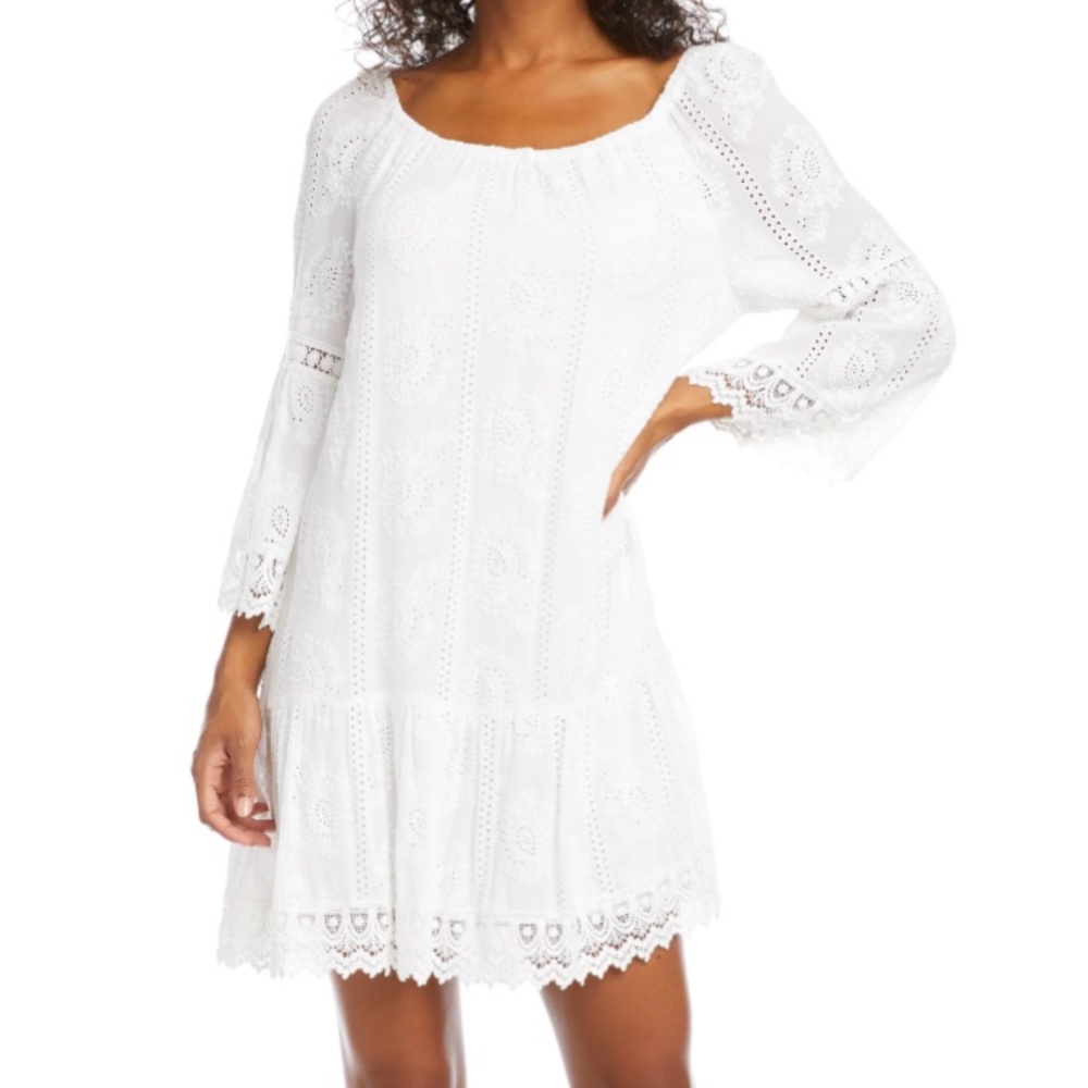 Karen Kane Mixed Lace Trim Long Sleeve Eyelet Shift Dress